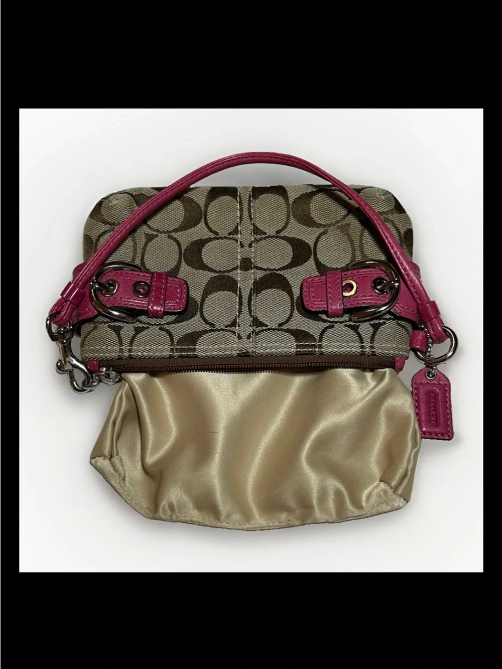Coach Soho Wristlet Signature Canvas, Hot Pink Leather Trim, Silver Buckles 2004